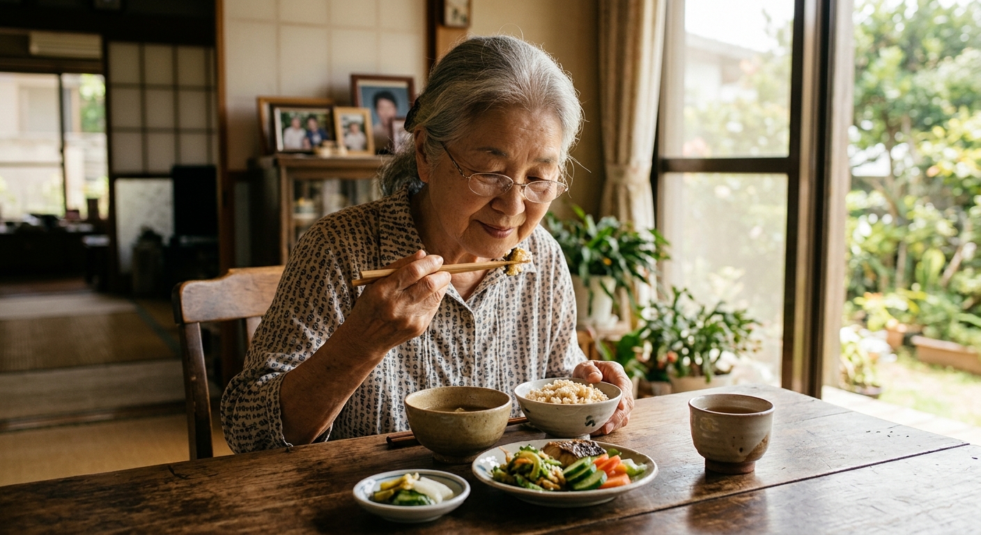 Elderly person eating mindfully